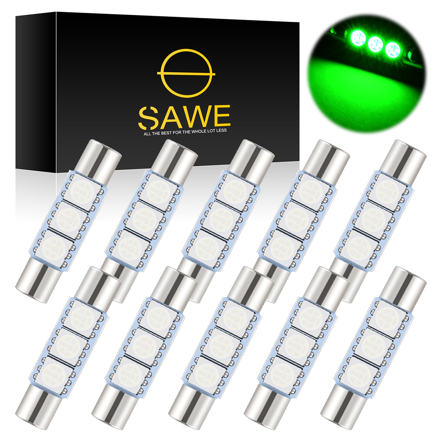 SAWE ® 28mm 3SMD T6 6641 LED Bulbs Sun Visor Vanity Mirror Fuse Lights - Green