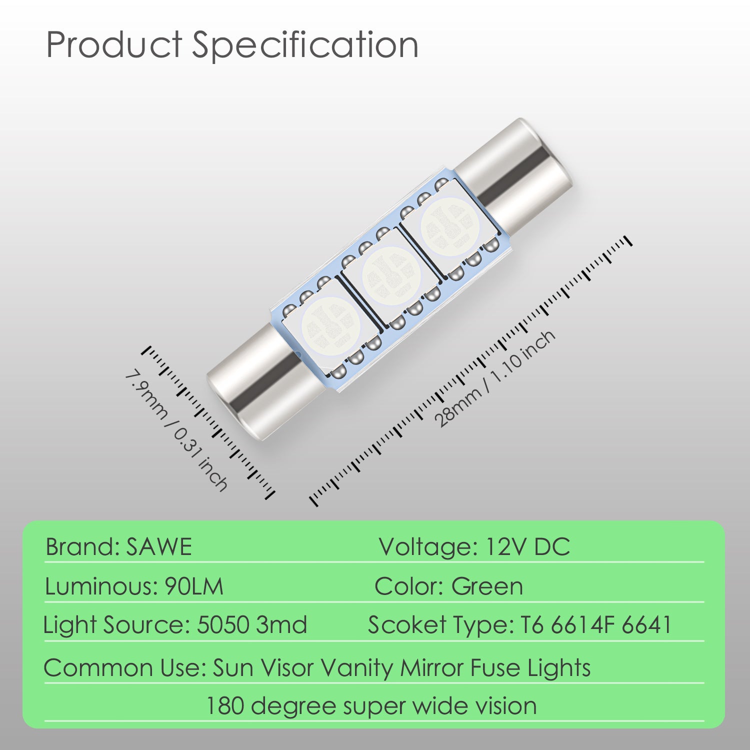 SAWE ® 28mm 3SMD T6 6641 LED Bulbs Sun Visor Vanity Mirror Fuse Lights - Green