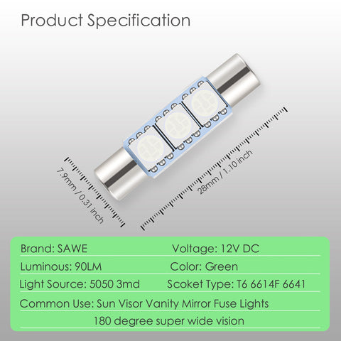 SAWE ® 28mm 3SMD T6 6641 LED Bulbs Sun Visor Vanity Mirror Fuse Lights - Green SAWE Lighting
