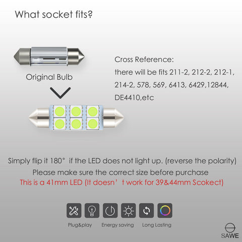 SAWE ® 578 211-2 212-2 41mm 42mm LED Light Bulb 5050 6SMD Interior Dome Map Door Courtesy Trunk Lights - Ice Blue SAWE Lighting
