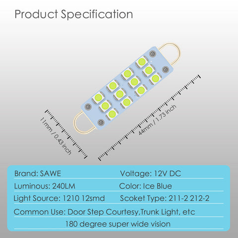 SAWE ®  561 563 567 211-2 212-2 LED Bulb Festoon 44mm 12smd Rigid Loop Interior Door Trunk LED Lights - Ice Blue SAWE Lighting