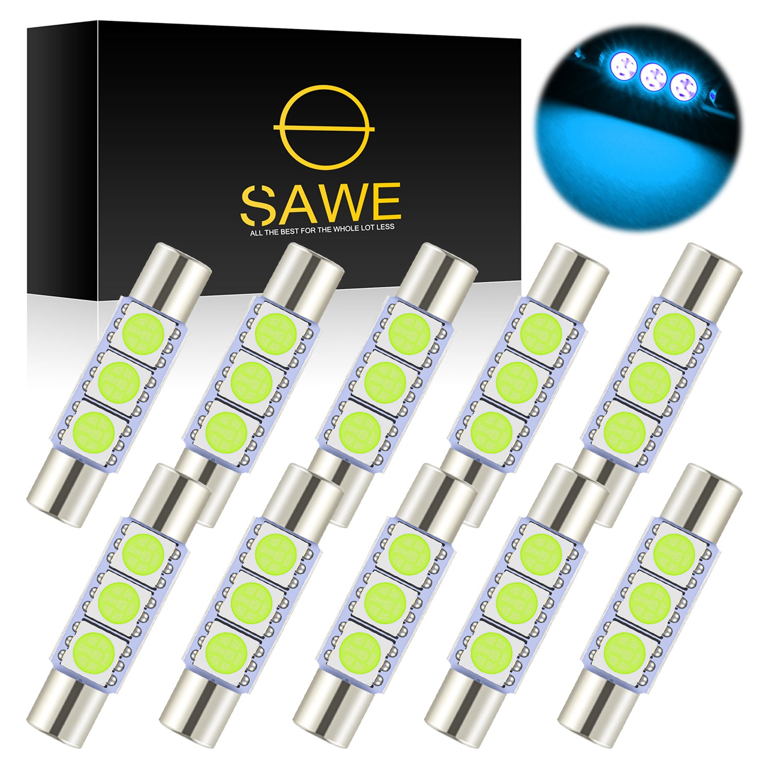 SAWE ® 28mm 3SMD T6 6641 LED Bulbs Sun Visor Vanity Mirror Fuse Lights - Ice Blue