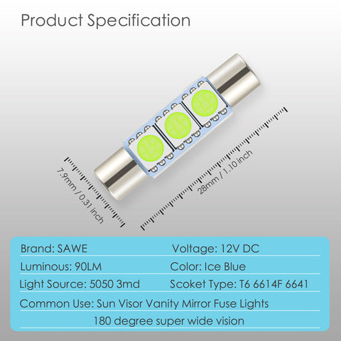 SAWE ® 28mm 3SMD T6 6641 LED Bulbs Sun Visor Vanity Mirror Fuse Lights - Ice Blue SAWE Lighting