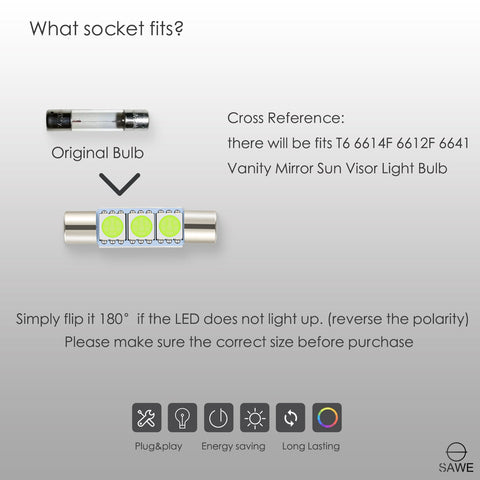 SAWE ® 28mm 3SMD T6 6641 LED Bulbs Sun Visor Vanity Mirror Fuse Lights - Ice Blue SAWE Lighting