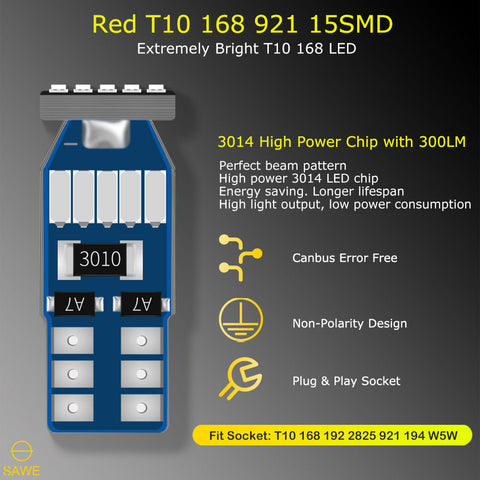 SAWE ® T10 194 168 921 W5W LED Bulb 3014 15SMD License Plate Light Dome Map Trunk Lights or DRL Bulbs - Red SAWE Lighting