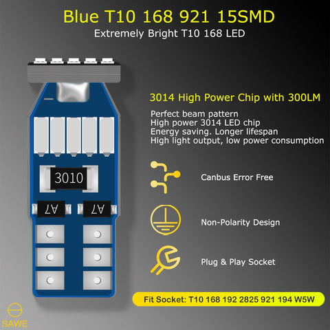 SAWE ® T10 194 168 921 W5W LED Bulb 3014 15SMD License Plate Light Dome Map Trunk Lights or DRL Bulbs - Blue SAWE Lighting