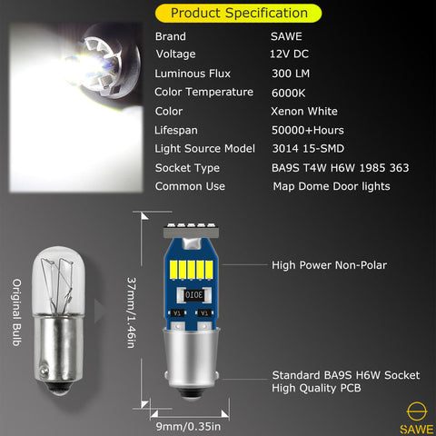 SAWE ® BA9S 1815 1895 T11 T4W H6W LED Bulb 3014 15SMD Dome Map Trunk Lights - 6000K White SAWE Lighting