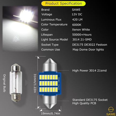 SAWE ® 31MM DE3175 DE3021 6428 LED Bulb 3014 15SMD Interior Door Courtesy Light Dome Map Trunk Lights - White SAWE Lighting