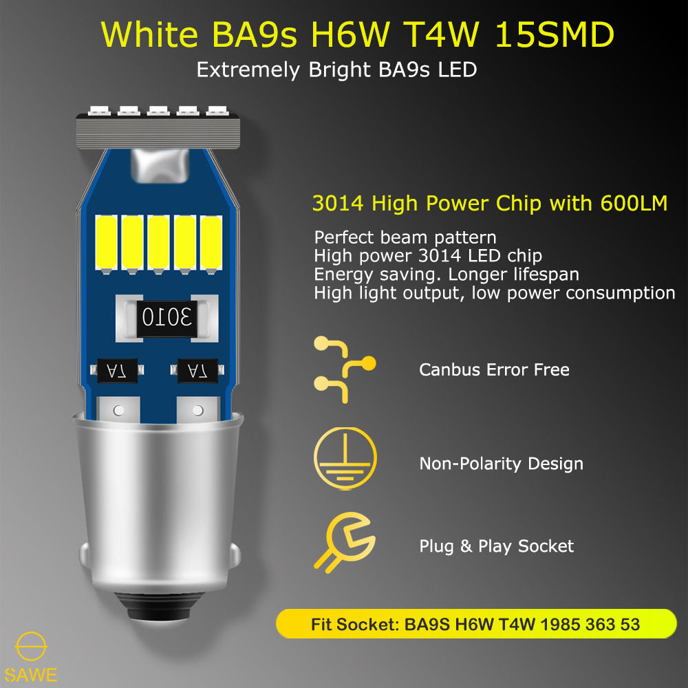 SAWE ® BA9S 1815 1895 T11 T4W H6W LED Bulb 3014 15SMD Dome Map Trunk Lights - 6000K White