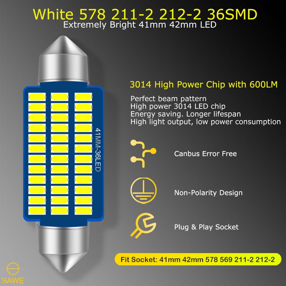 SAWE ® 578 211-2 212-2 41mm 42mm LED Bulb 3014 36SMD Interior Dome Map Door Courtesy Light Trunk Lights - White