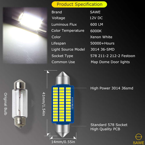 SAWE ® 578 211-2 212-2 41mm 42mm LED Bulb 3014 36SMD Interior Dome Map Door Courtesy Light Trunk Lights - White SAWE Lighting