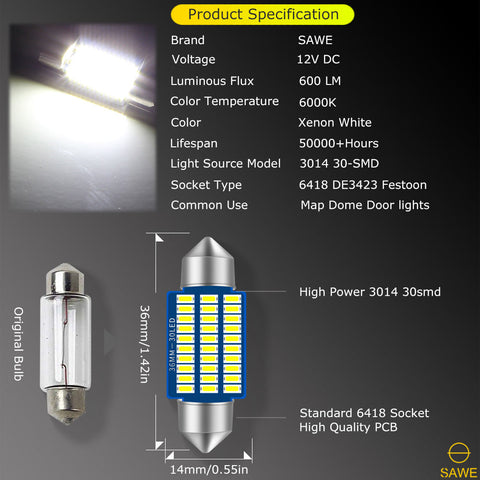 SAWE ® 6418 6411 DE3423 C5W 36mm LED Bulb 3014 30SMD Interior Door Courtesy Light Dome Map Trunk Lights - White SAWE Lighting