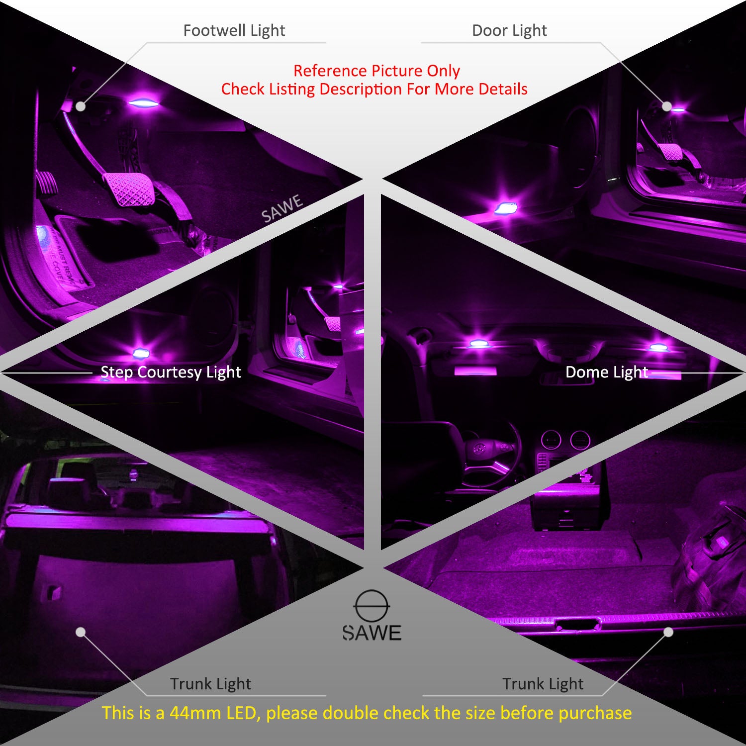 SAWE ® 578 211-2 212-2 44mm LED Bulb 5050 10SMD Interior Dome Map Door Courtesy Light Trunk Lights - Pink