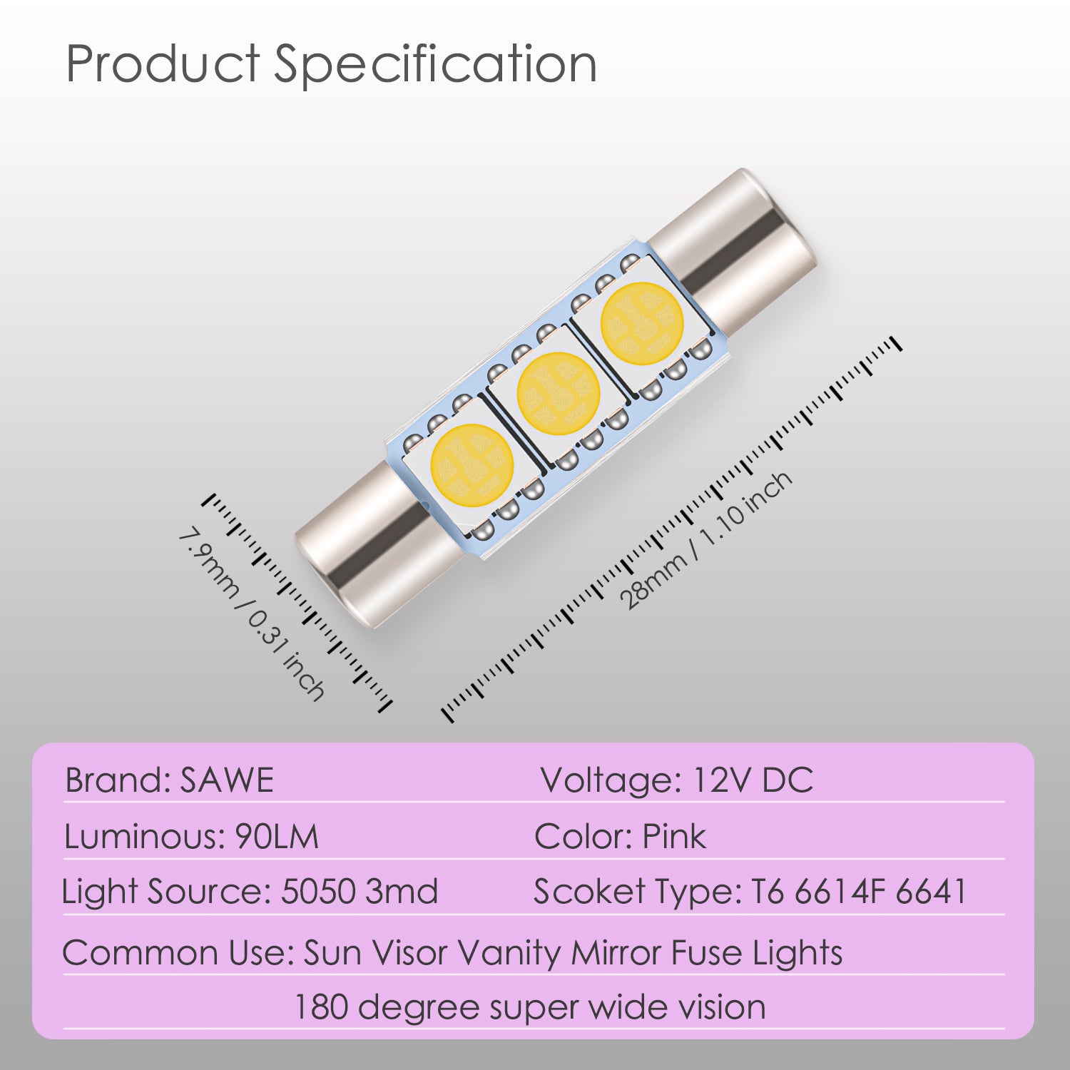 SAWE ® 28mm 3SMD T6 6641 LED Bulbs Sun Visor Vanity Mirror Fuse Lights - Pink