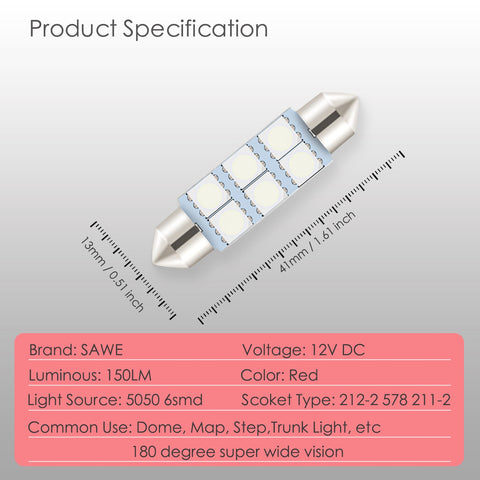 SAWE ® 578 211-2 212-2 41mm 42mm LED Light Bulb 5050 6SMD Interior Dome Map Door Courtesy Trunk Lights - Red SAWE Lighting