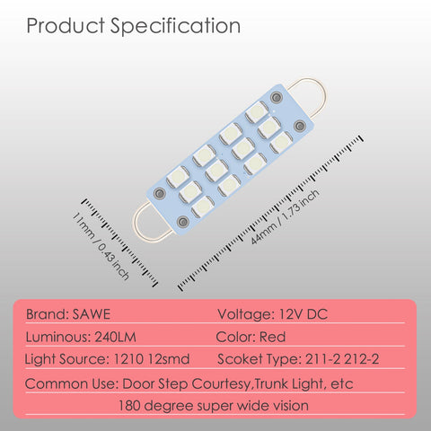 SAWE ®  561 563 567 211-2 212-2 LED Bulb Festoon 44mm 12smd Rigid Loop Interior Door Trunk LED Lights - Red SAWE Lighting