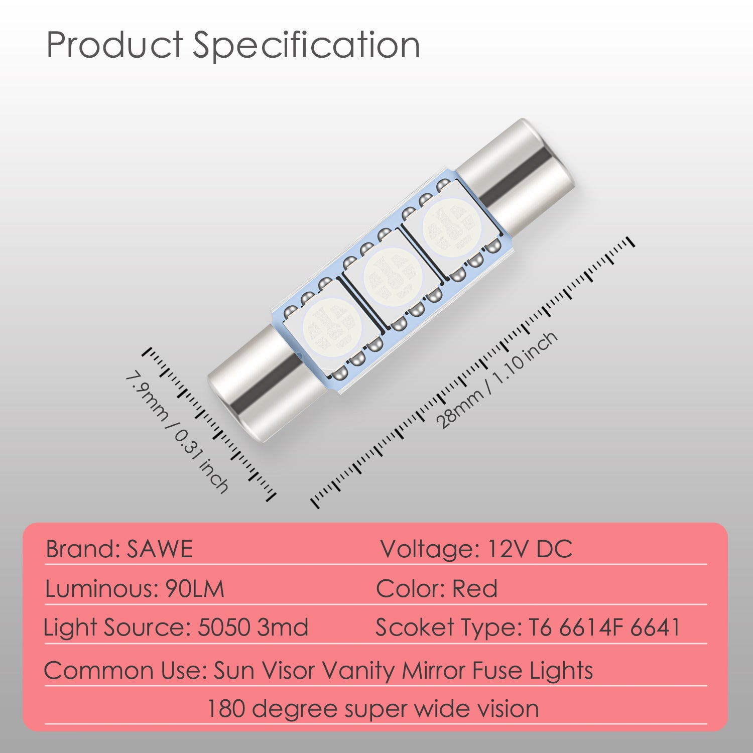 SAWE ® 28mm 3SMD T6 6641 LED Bulbs Sun Visor Vanity Mirror Fuse Lights - Red