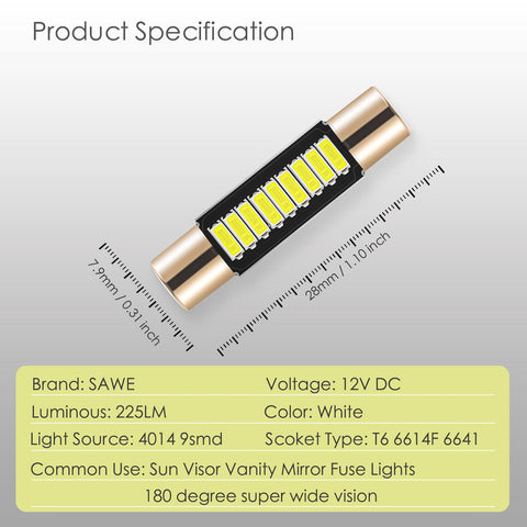 SAWE ® T6 6641 6612F 28mm 9SMD LED Bulbs Sun Visor Vanity Mirror Fuse Lights - 6000K White SAWE Lighting