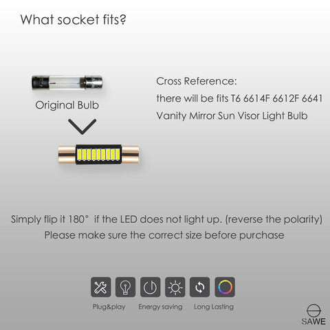 SAWE ® T6 6641 6612F 28mm 9SMD LED Bulbs Sun Visor Vanity Mirror Fuse Lights - 6000K White SAWE Lighting