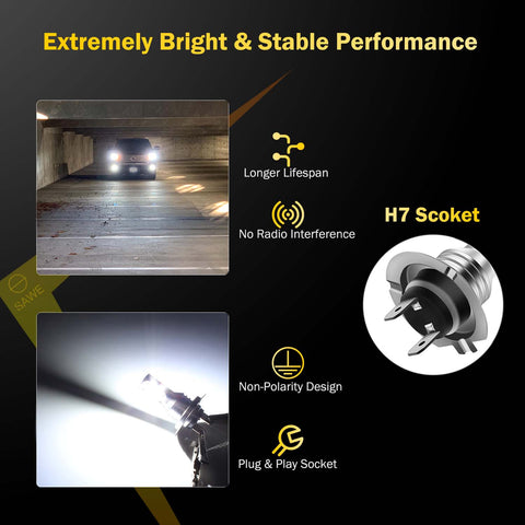 H7 CSP LED Headlights Bulbs High Low Beam Fog Light Canbus - 6000K White SAWE Lighting