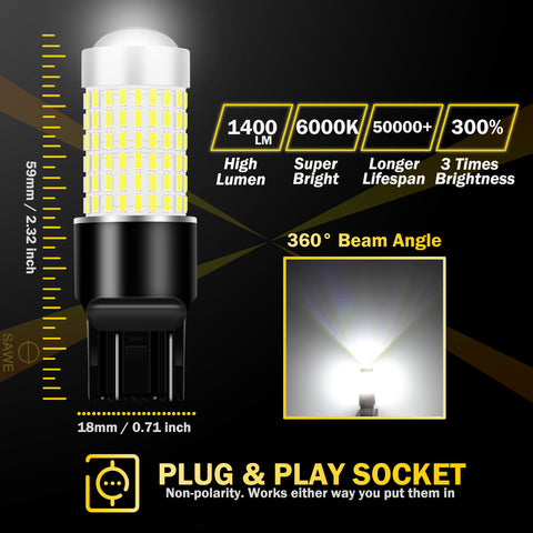 SAWE 7443 7440 7444 T20 LED Bulb for Reverse Backup Lights High Mount - 3014 144smd 6000K White SAWE Lighting