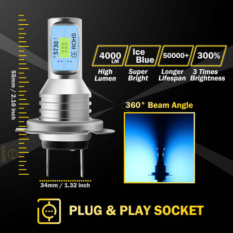 H7 CSP LED Headlights Bulbs High Low Beam Fog Light Canbus - 8000K Ice Blue SAWE Lighting