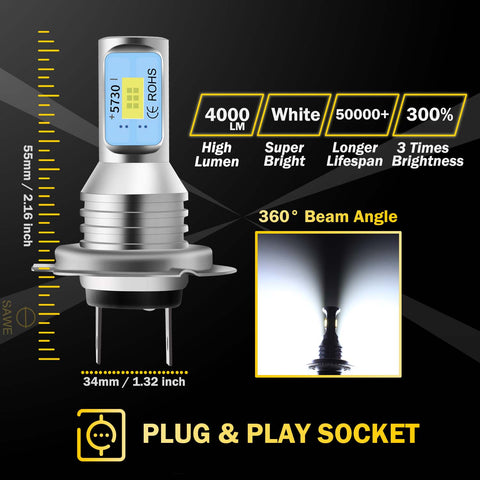 H7 CSP LED Headlights Bulbs High Low Beam Fog Light Canbus - 6000K White SAWE Lighting