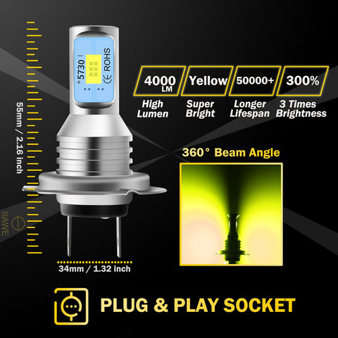 H7 CSP LED Headlights Bulbs High Low Beam Fog Light Canbus - 3000K Yellow SAWE Lighting