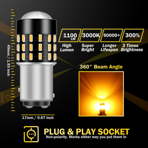 SAWE ® 1157 BAY15D 7528 54-SMD LED Turn Signal Indicator Parking Light Bulbs CANBUS - Amber / Yellow SAWE Lighting