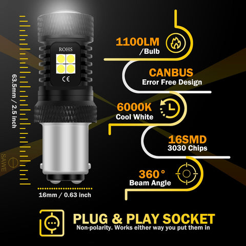 SAWE ® 1157 BAY15D Canbus 16-SMD LED Tail Brake Stop Turn Signal Parking Light Bulbs - 6000K White SAWE Lighting