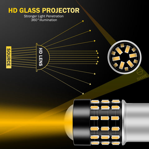SAWE ® 1157 BAY15D 7528 54-SMD LED Turn Signal Indicator Parking Light Bulbs CANBUS - Amber / Yellow SAWE Lighting