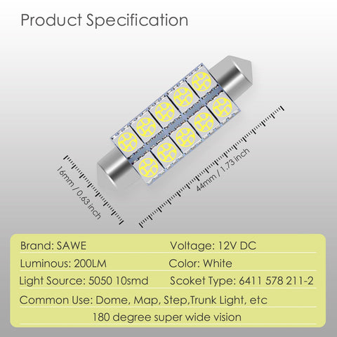 SAWE ® 578 211-2 212-2 44mm LED Bulb 5050 10SMD Interior Dome Map Door Courtesy Light Trunk Lights - White SAWE Lighting