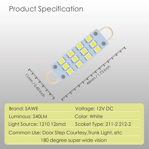 SAWE ®  561 563 567 211-2 212-2 LED Bulb Festoon 44mm 12smd Rigid Loop Interior Door Trunk LED Lights - White SAWE Lighting