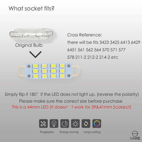 SAWE ®  561 563 567 211-2 212-2 LED Bulb Festoon 44mm 12smd Rigid Loop Interior Door Trunk LED Lights - White SAWE Lighting