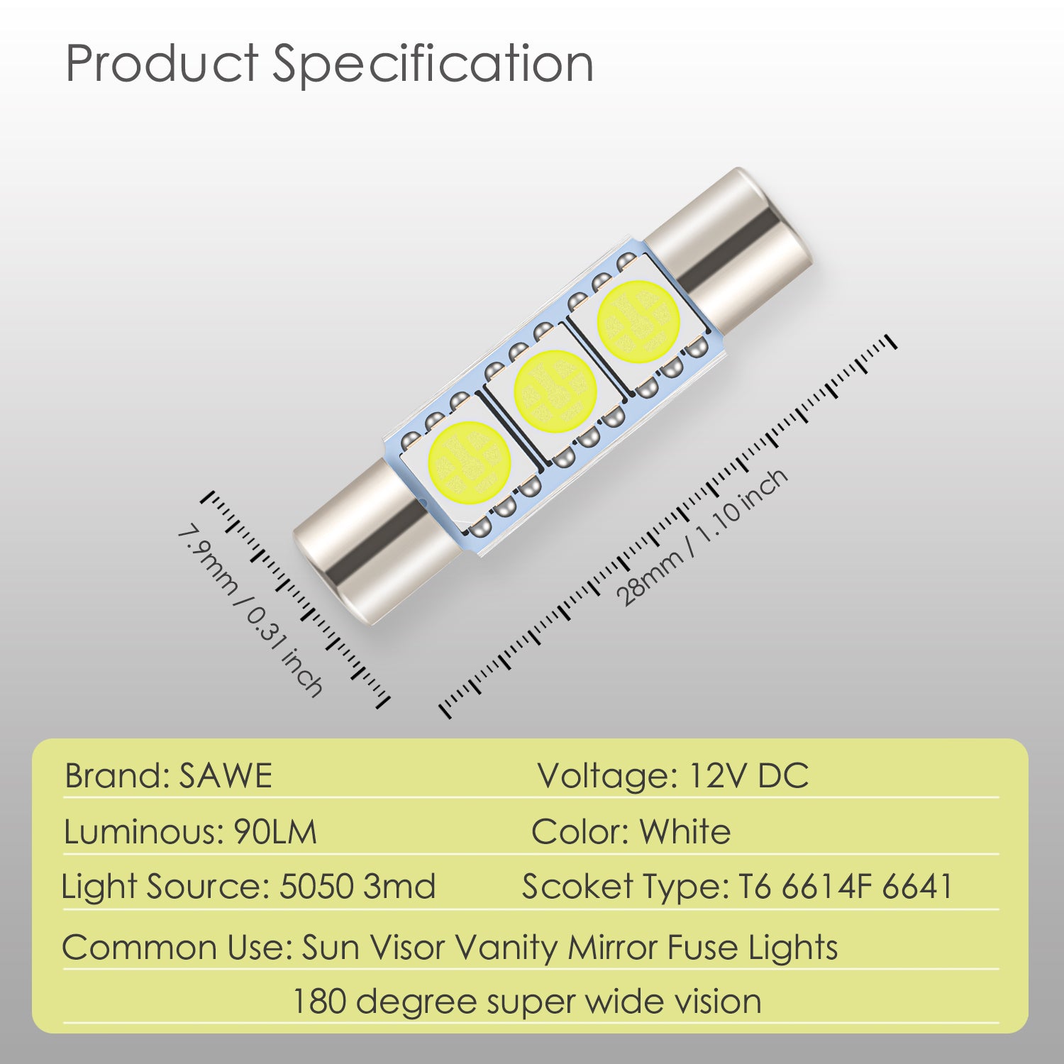 SAWE ® 28mm 3SMD T6 6641 LED Bulbs Sun Visor Vanity Mirror Fuse Lights - 6000K White