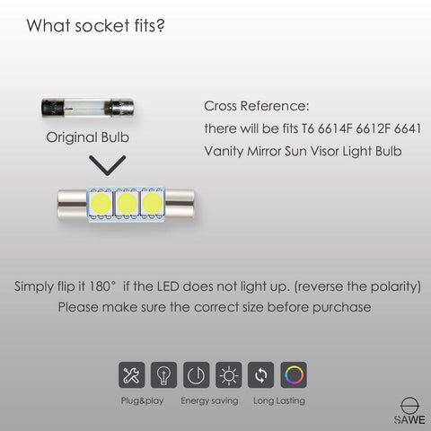 SAWE ® 28mm 3SMD T6 6641 LED Bulbs Sun Visor Vanity Mirror Fuse Lights - 6000K White SAWE Lighting