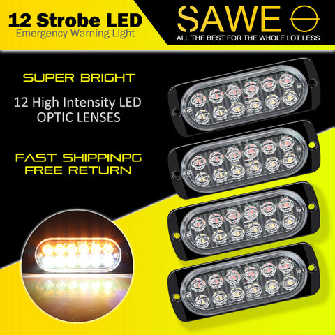 Emergency LED Strobe Lights Bar for Offroad Car Truck Warning Hazard Flash Grille and Surface Mount Light - Amber / White 12-LED SAWE Lighting