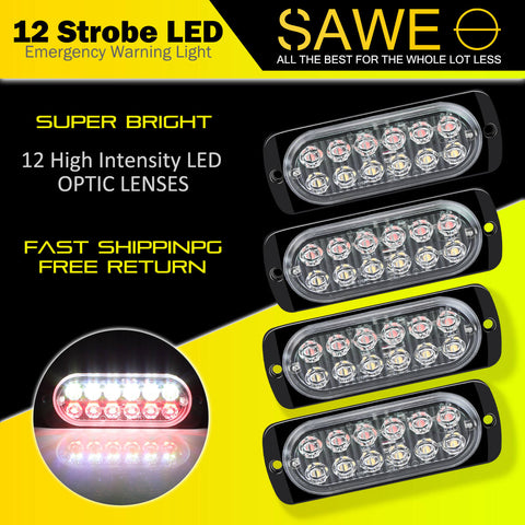 Emergency LED Strobe Lights Bar for Offroad Car Truck Warning Hazard Flash Grille and Surface Mount Light - Red / White 12-LED SAWE Lighting