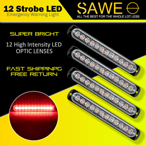 Emergency LED Strobe Lights Bar for Offroad Car Truck Warning Hazard Flash Grille and Surface Mount Light - Red 12-LED SAWE Lighting