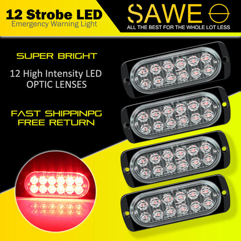 Emergency LED Strobe Lights Bar for Offroad Car Truck Warning Hazard Flash Grille and Surface Mount Light - Red 12-LED SAWE Lighting