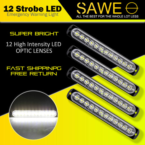Emergency LED Strobe Lights Bar for Offroad Car Truck Warning Hazard Flash Grille and Surface Mount Light - White 12-LED SAWE Lighting