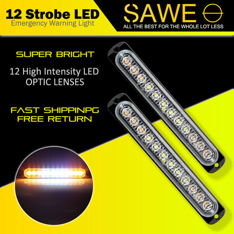 Emergency LED Strobe Lights Bar for Offroad Car Truck Warning Hazard Flash Grille and Surface Mount Light - Amber / White 12-LED SAWE Lighting
