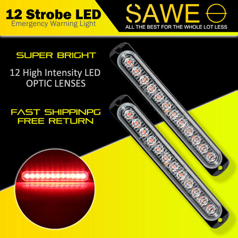 Emergency LED Strobe Lights Bar for Offroad Car Truck Warning Hazard Flash Grille and Surface Mount Light - Red 12-LED SAWE Lighting