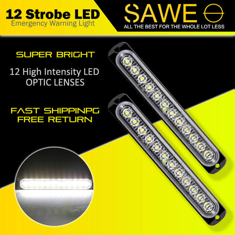 Emergency LED Strobe Lights Bar for Offroad Car Truck Warning Hazard Flash Grille and Surface Mount Light - White 12-LED SAWE Lighting