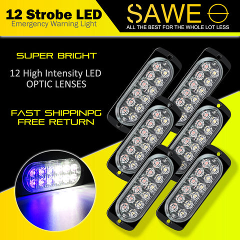 Emergency LED Strobe Lights Bar for Offroad Car Truck Warning Hazard Flash Grille and Surface Mount Light - Blue / White 12-LED SAWE Lighting