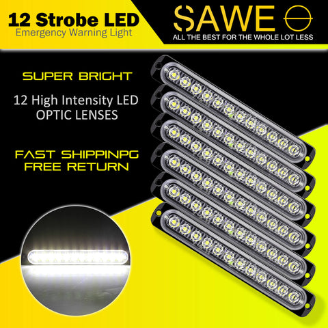 Emergency LED Strobe Lights Bar for Offroad Car Truck Warning Hazard Flash Grille and Surface Mount Light - White 12-LED SAWE Lighting