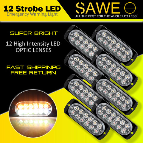 Emergency LED Strobe Lights Bar for Offroad Car Truck Warning Hazard Flash Grille and Surface Mount Light - Amber / White 12-LED SAWE Lighting