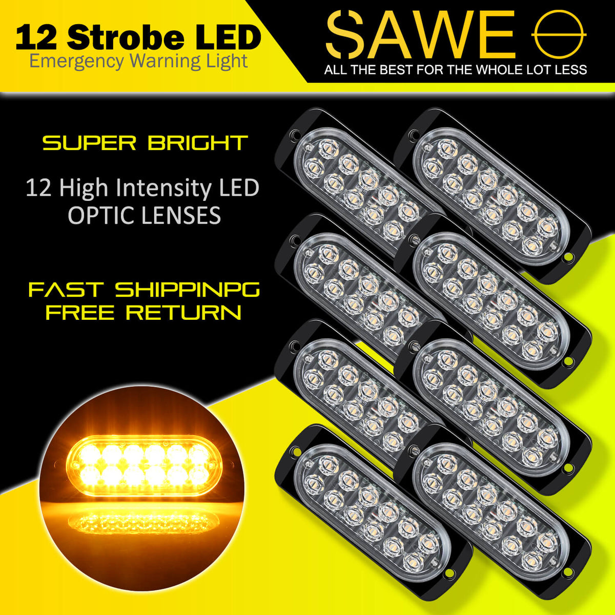 Emergency LED Strobe Lights Bar for Offroad Car Truck Warning Hazard Flash Grille and Surface Mount Light - Amber 12-LED SAWE Lighting