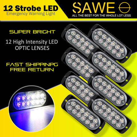 Emergency LED Strobe Lights Bar for Offroad Car Truck Warning Hazard Flash Grille and Surface Mount Light - Blue / White 12-LED SAWE Lighting