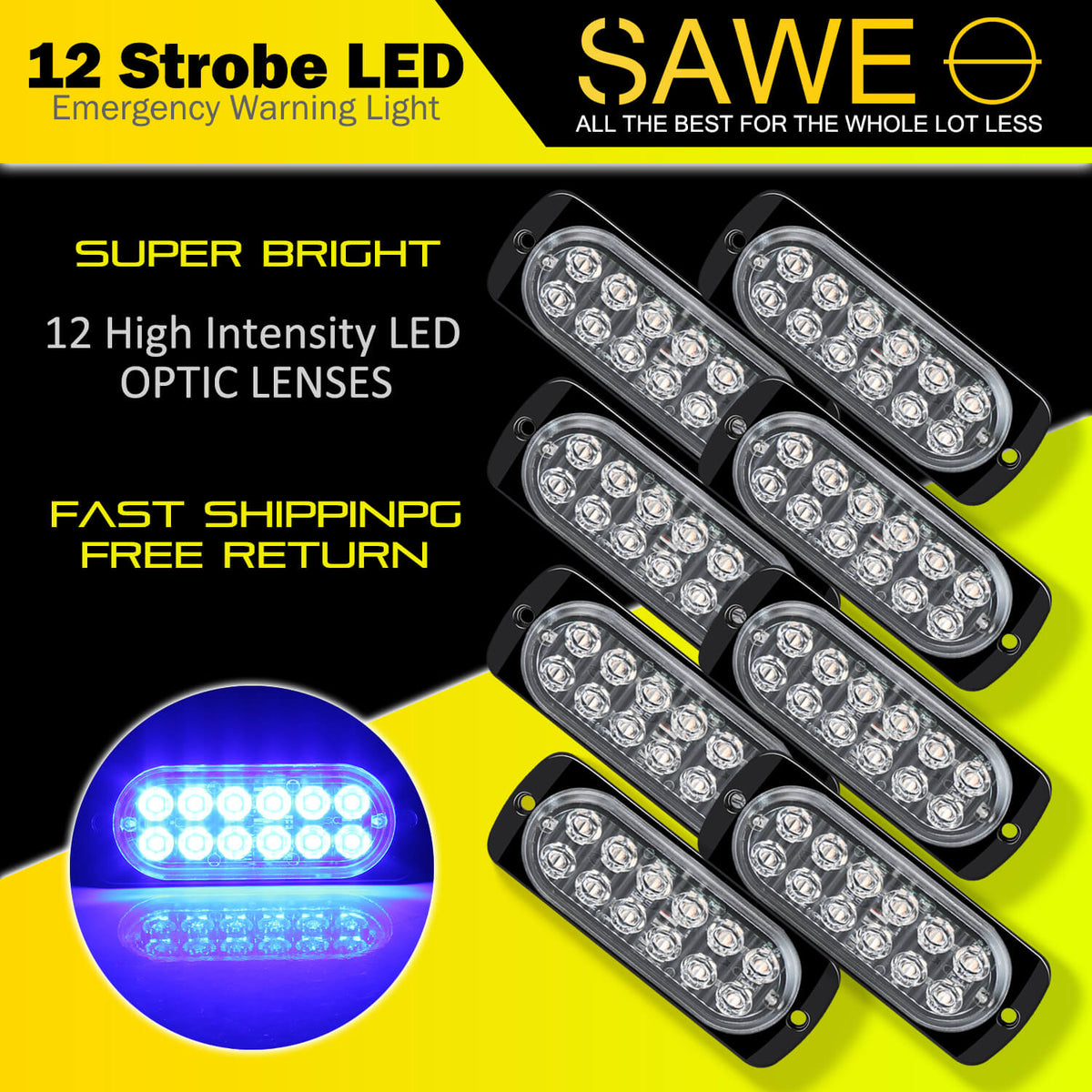 Emergency LED Strobe Lights Bar for Offroad Car Truck Warning Hazard Flash Grille and Surface Mount Light - Blue 12-LED SAWE Lighting